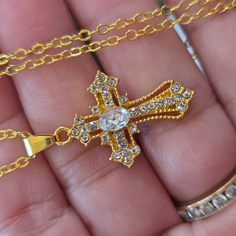 Rhinestone Cross Gold Necklace